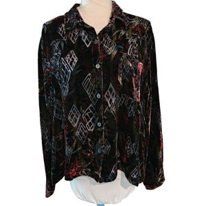 Chico's Geometric Velvet Burnout Art-to-Wear Button Down Blouse Top Women's L